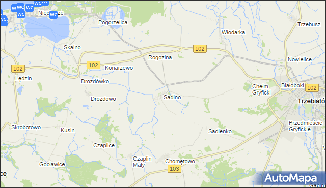 mapa Sadlno gmina Trzebiatów, Sadlno gmina Trzebiatów na mapie Targeo