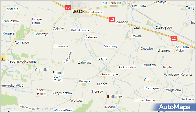 mapa Sarny gmina Błaszki, Sarny gmina Błaszki na mapie Targeo