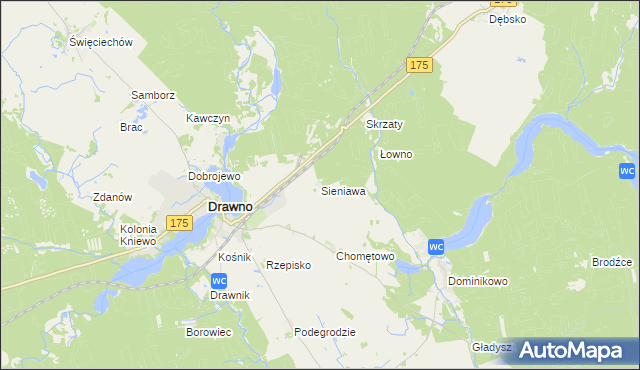 mapa Sieniawa gmina Drawno, Sieniawa gmina Drawno na mapie Targeo