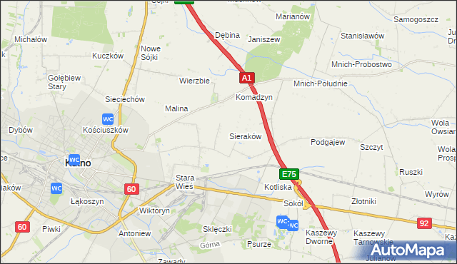 mapa Sieraków gmina Kutno, Sieraków gmina Kutno na mapie Targeo