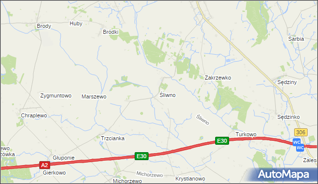 mapa Śliwno gmina Kuślin, Śliwno gmina Kuślin na mapie Targeo