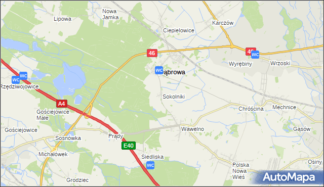 mapa Sokolniki gmina Dąbrowa, Sokolniki gmina Dąbrowa na mapie Targeo