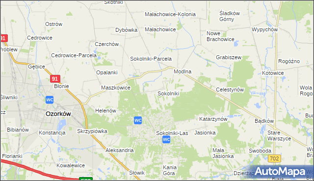 mapa Sokolniki gmina Ozorków, Sokolniki gmina Ozorków na mapie Targeo