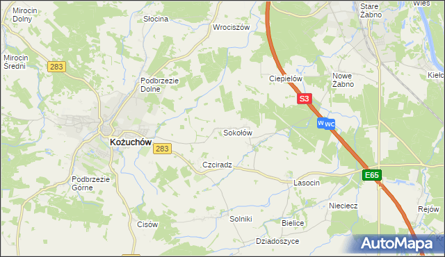 mapa Sokołów gmina Kożuchów, Sokołów gmina Kożuchów na mapie Targeo