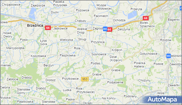mapa Sosnowice gmina Brzeźnica, Sosnowice gmina Brzeźnica na mapie Targeo