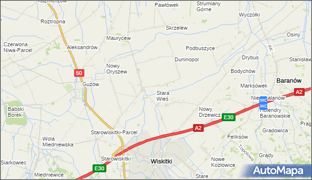 mapa Stara Wieś gmina Wiskitki, Stara Wieś gmina Wiskitki na mapie Targeo