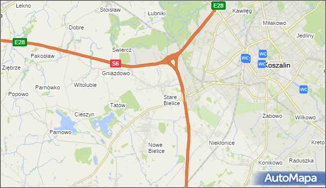 mapa Stare Bielice gmina Biesiekierz, Stare Bielice gmina Biesiekierz na mapie Targeo