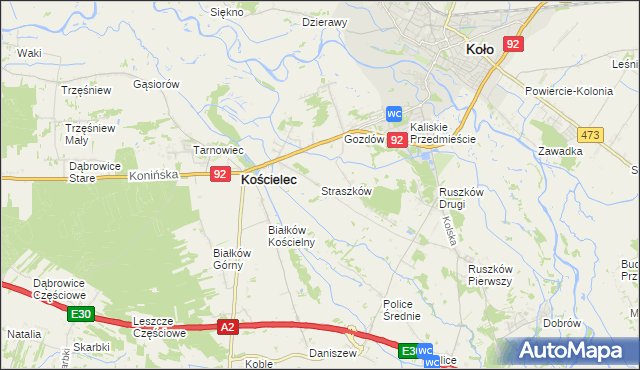 mapa Straszków gmina Kościelec, Straszków gmina Kościelec na mapie Targeo