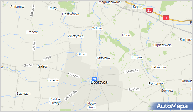 mapa Strzyżew gmina Dobrzyca, Strzyżew gmina Dobrzyca na mapie Targeo