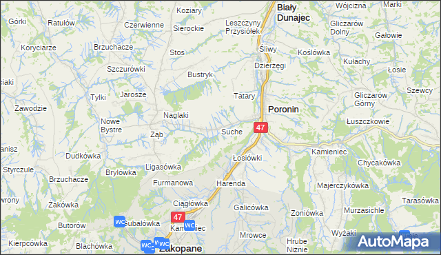 mapa Suche gmina Poronin, Suche gmina Poronin na mapie Targeo