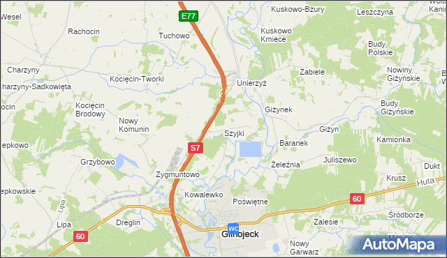 mapa Szyjki gmina Glinojeck, Szyjki gmina Glinojeck na mapie Targeo