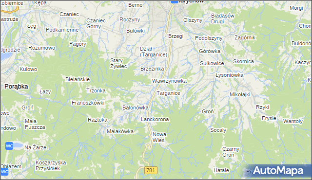 mapa Targanice, Targanice na mapie Targeo