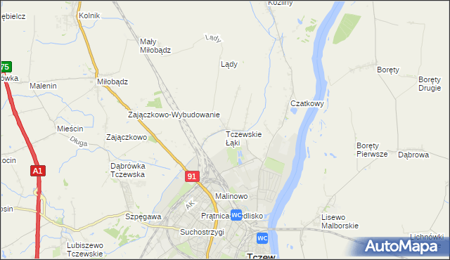 mapa Tczewskie Łąki, Tczewskie Łąki na mapie Targeo