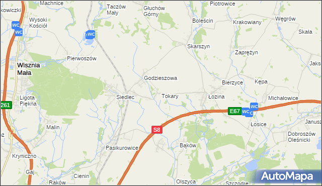 mapa Tokary gmina Długołęka, Tokary gmina Długołęka na mapie Targeo