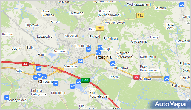 mapa Trzebinia powiat chrzanowski, Trzebinia powiat chrzanowski na mapie Targeo