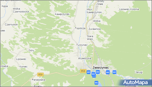 mapa Turzyniec gmina Zwierzyniec, Turzyniec gmina Zwierzyniec na mapie Targeo