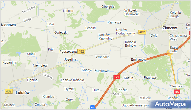 mapa Wandalin gmina Złoczew, Wandalin gmina Złoczew na mapie Targeo