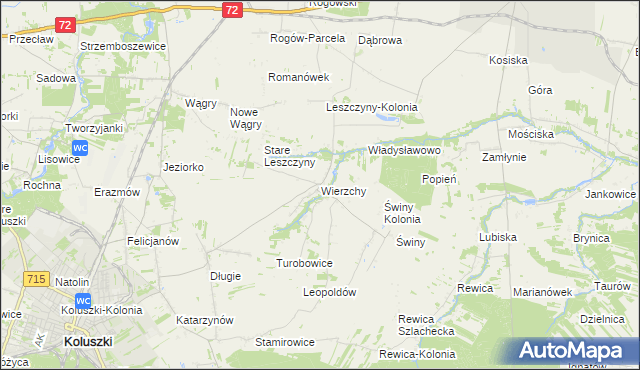 mapa Wierzchy gmina Koluszki, Wierzchy gmina Koluszki na mapie Targeo