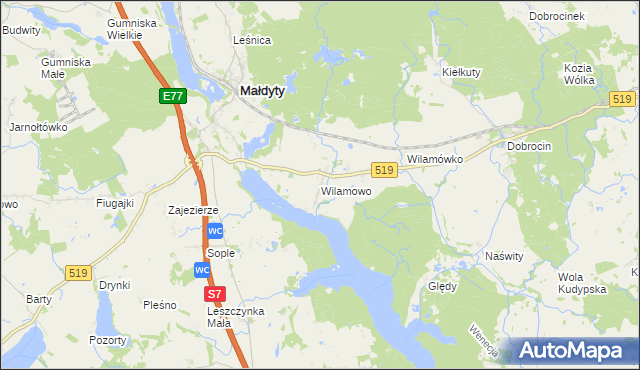 mapa Wilamowo gmina Małdyty, Wilamowo gmina Małdyty na mapie Targeo