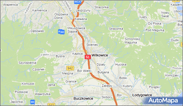 mapa Wilkowice powiat bielski, Wilkowice powiat bielski na mapie Targeo