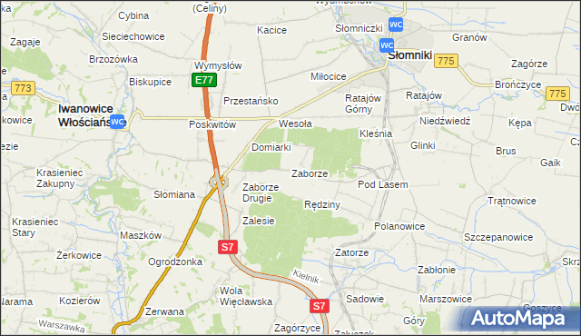 mapa Zaborze gmina Słomniki, Zaborze gmina Słomniki na mapie Targeo