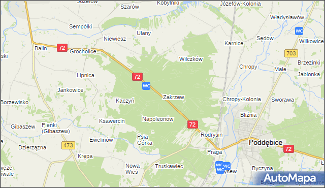 mapa Zakrzew gmina Poddębice, Zakrzew gmina Poddębice na mapie Targeo