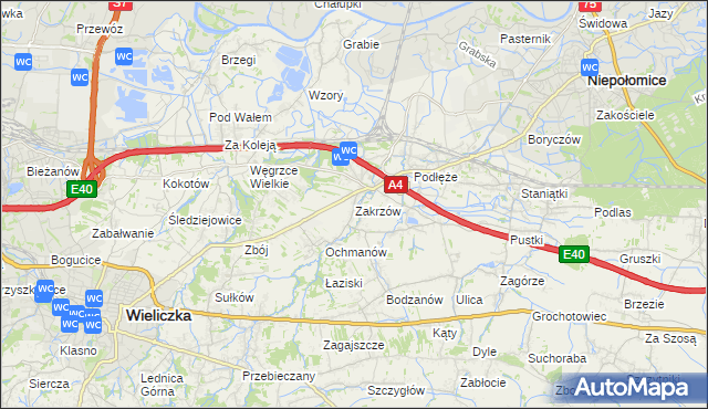 mapa Zakrzów gmina Niepołomice, Zakrzów gmina Niepołomice na mapie Targeo