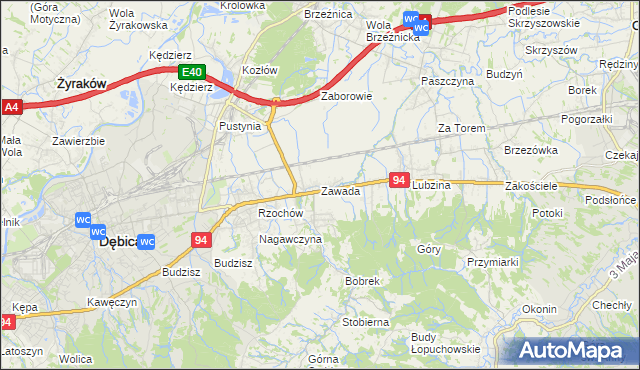 mapa Zawada gmina Dębica, Zawada gmina Dębica na mapie Targeo