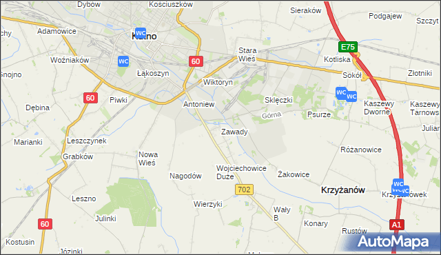 mapa Zawady gmina Krzyżanów, Zawady gmina Krzyżanów na mapie Targeo