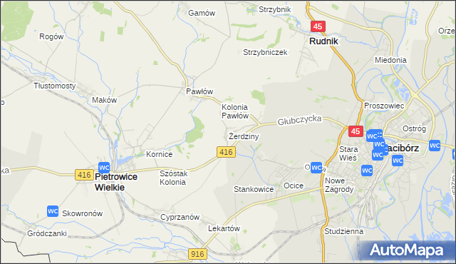 mapa Żerdziny gmina Pietrowice Wielkie, Żerdziny gmina Pietrowice Wielkie na mapie Targeo