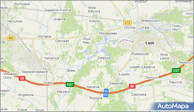 mapa Zielęcice gmina Łask, Zielęcice gmina Łask na mapie Targeo