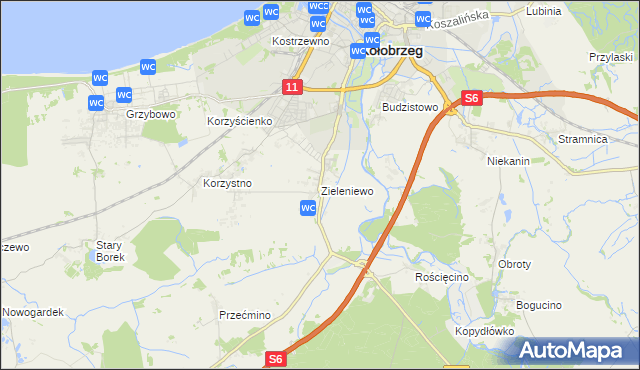 mapa Zieleniewo gmina Kołobrzeg, Zieleniewo gmina Kołobrzeg na mapie Targeo