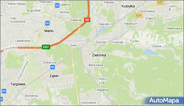 mapa Zielonka powiat wołomiński, Zielonka powiat wołomiński na mapie Targeo