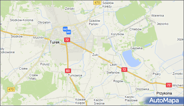 mapa Żuki gmina Turek, Żuki gmina Turek na mapie Targeo