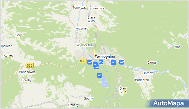mapa Zwierzyniec powiat zamojski, Zwierzyniec powiat zamojski na mapie Targeo