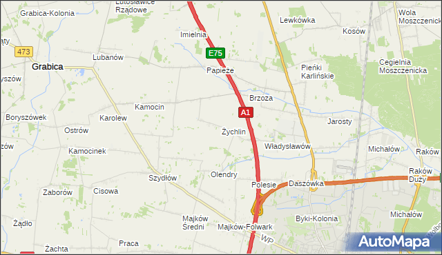 mapa Żychlin gmina Grabica, Żychlin gmina Grabica na mapie Targeo