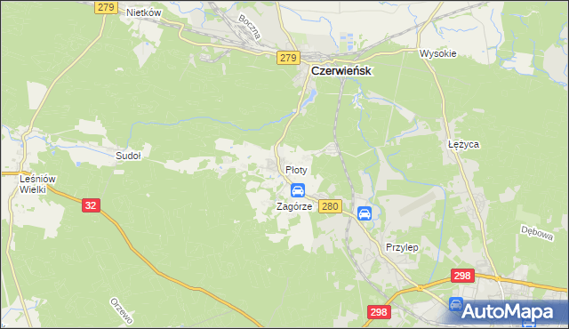 mapa Płoty gmina Czerwieńsk, Płoty gmina Czerwieńsk na mapie Targeo