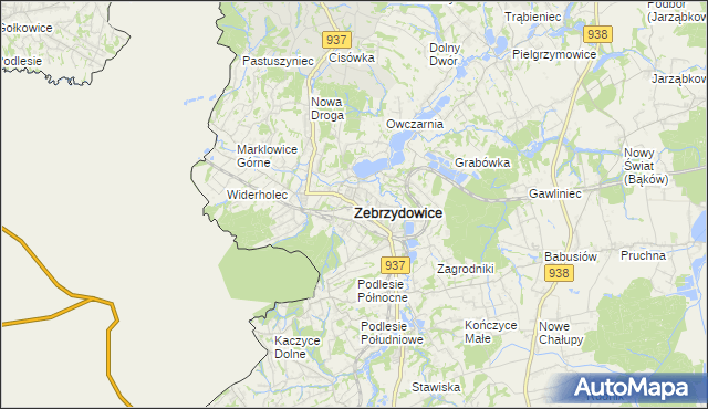 mapa Zebrzydowice powiat cieszyński, Zebrzydowice powiat cieszyński na mapie Targeo