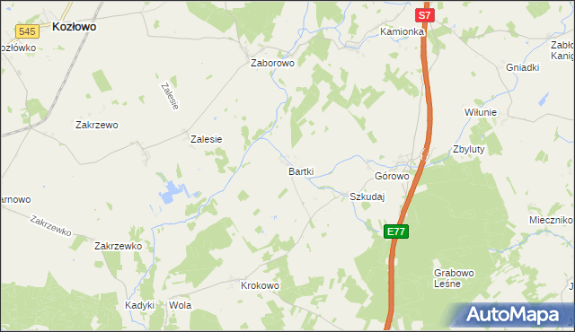 mapa Bartki gmina Kozłowo, Bartki gmina Kozłowo na mapie Targeo