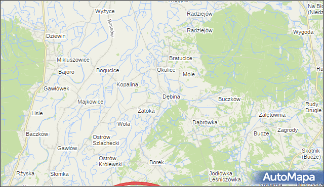 mapa Dębina gmina Rzezawa, Dębina gmina Rzezawa na mapie Targeo