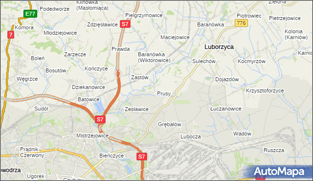 mapa Prusy gmina Kocmyrzów-Luborzyca, Prusy gmina Kocmyrzów-Luborzyca na mapie Targeo