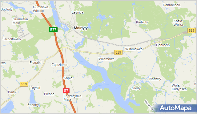 mapa Wilamowo gmina Małdyty, Wilamowo gmina Małdyty na mapie Targeo