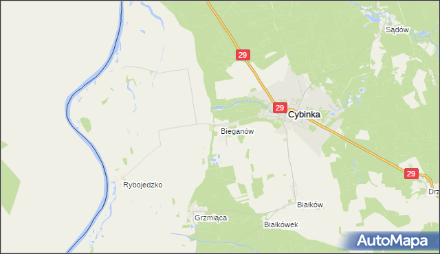 mapa Bieganów gmina Cybinka, Bieganów gmina Cybinka na mapie Targeo