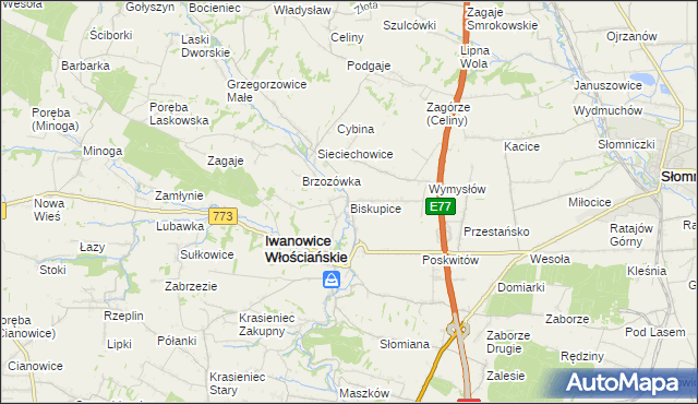 mapa Biskupice gmina Iwanowice, Biskupice gmina Iwanowice na mapie Targeo