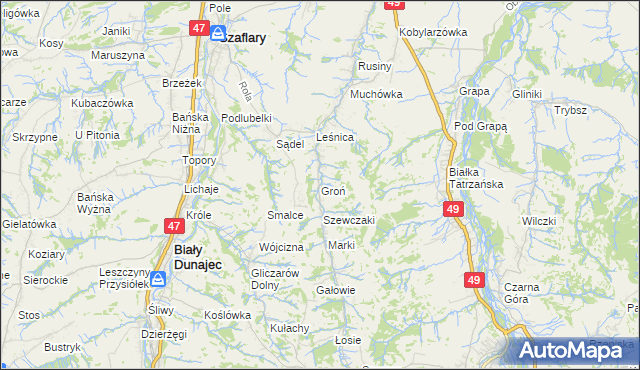 mapa Groń gmina Bukowina Tatrzańska, Groń gmina Bukowina Tatrzańska na mapie Targeo