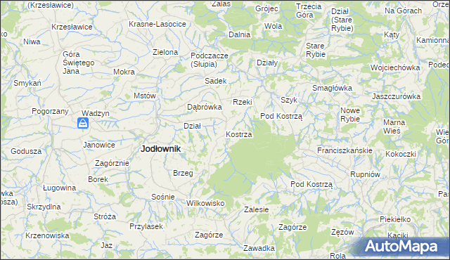 mapa Kostrza gmina Jodłownik, Kostrza gmina Jodłownik na mapie Targeo