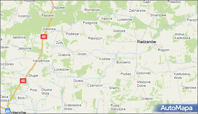 mapa Kozłów gmina Radzanów, Kozłów gmina Radzanów na mapie Targeo