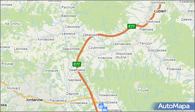 mapa Krzeczów gmina Lubień, Krzeczów gmina Lubień na mapie Targeo