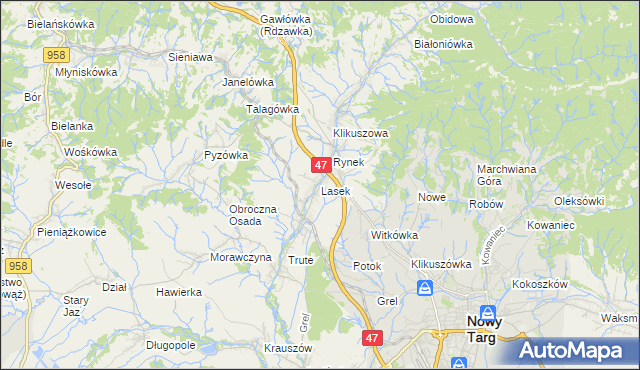 mapa Lasek gmina Nowy Targ, Lasek gmina Nowy Targ na mapie Targeo