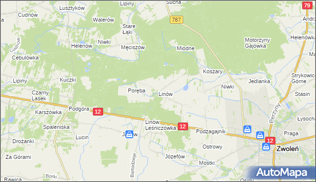 mapa Linów gmina Zwoleń, Linów gmina Zwoleń na mapie Targeo